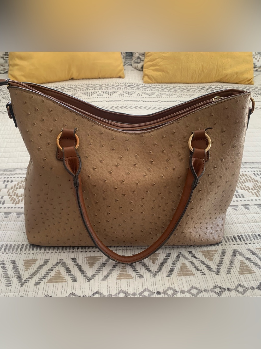 Structured Ostrich-Embossed Shoulder Bag